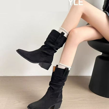 Autumn Western Pleated Short Single Women's Pile Style Boots