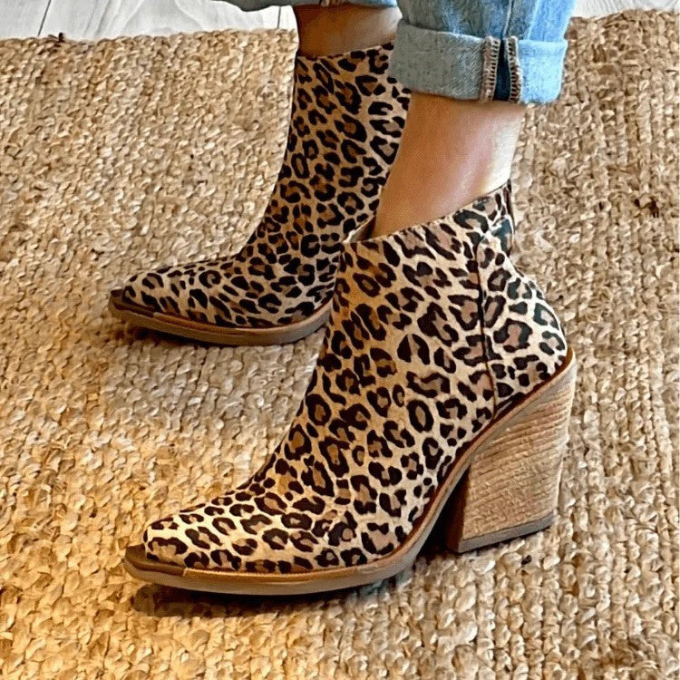 Leopard Pointed Ankle High-top Back Zipper Pull-up Boots For Women