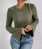 Women's Fall Winter Autumn Casual Solid Color Bell Sleeve Textured Fabric Crew Neck T-Shirt