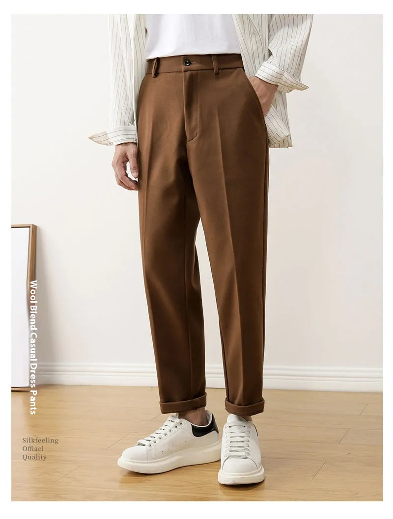 Autumn Winter Retro Woolen Ankle-length Pants Men's Casual Loose Straight