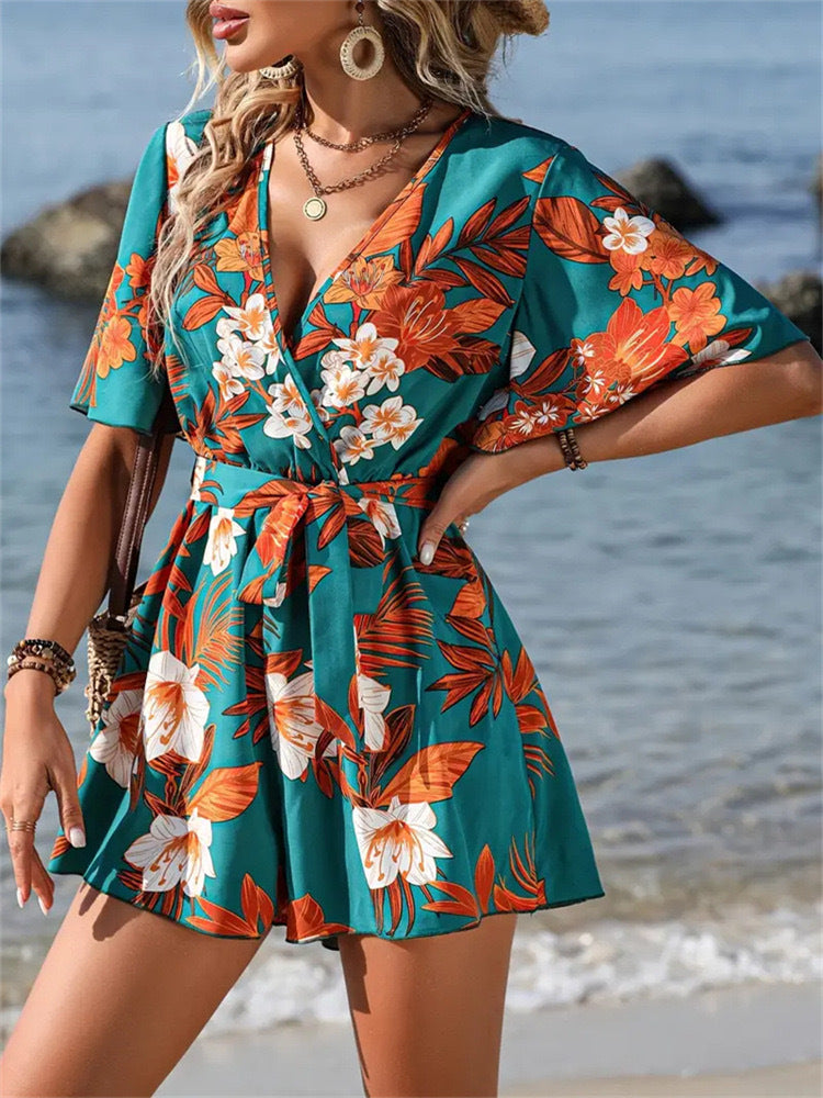 Lotus Leaf Sleeve Cross Collar Belt Short Skirt Loose Printed Jumpsuit