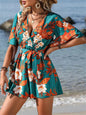 Lotus Leaf Sleeve Cross Collar Belt Short Skirt Loose Printed Jumpsuit
