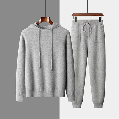 Men's Solid Color Casual Hooded Knitted Sweatshirt Long Pants Set