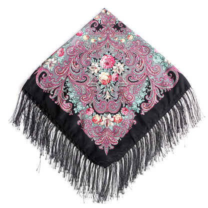 Women's Fringed Cotton And Linen Printed Square Scarf