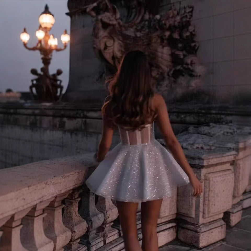 Sleeveless Sexy Tube Top Shiny Short Wedding Dress A- Line Skirt