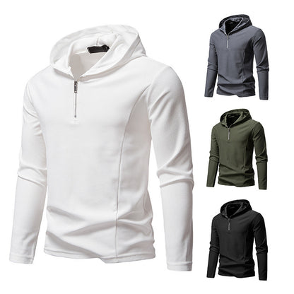 Half Zipper Design Casual Long Sleeve Solid Color Hooded T-shirt