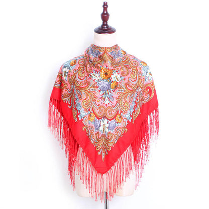 Women's Fringed Cotton And Linen Printed Square Scarf