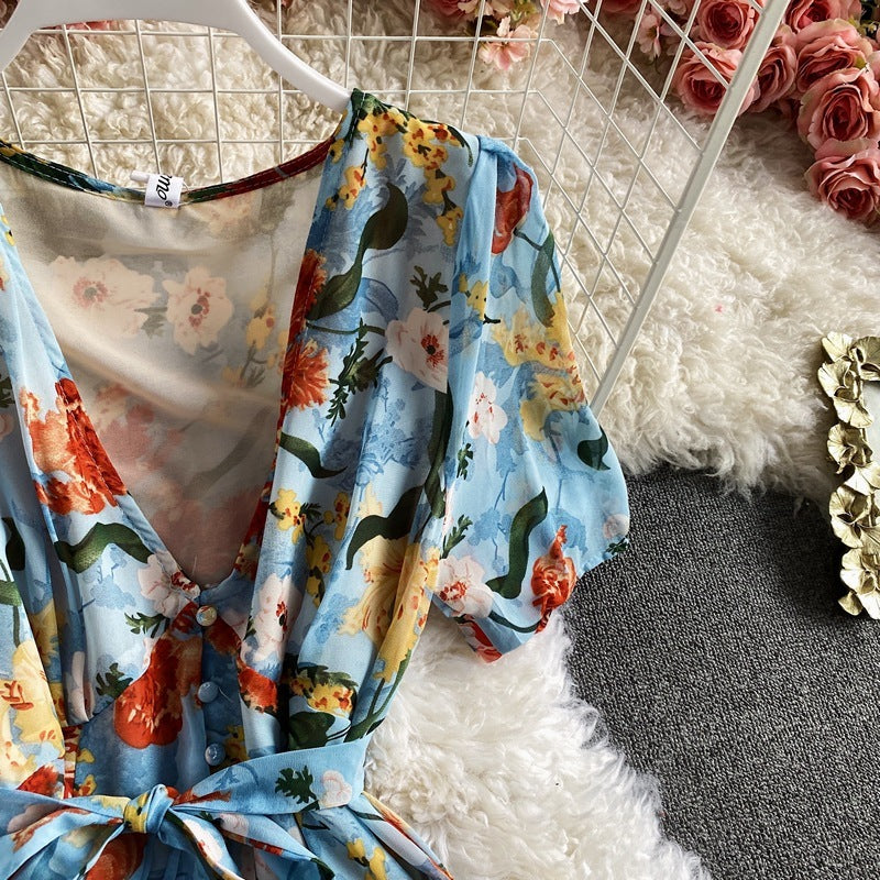 Temperament Beach Skirt Beach Holiday V-Neck Print Dress