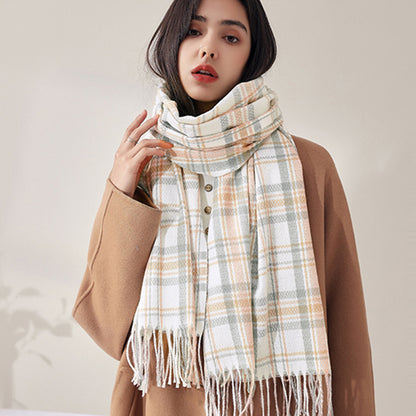 Women's Fashionable Plaid Printed Tassel Shawl Warm Scarf