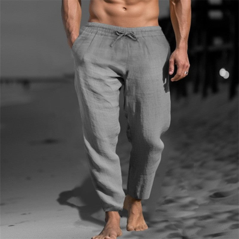New Men's Solid Color Drawstring Cotton And Linen Loose Beach Casual Pants Slim