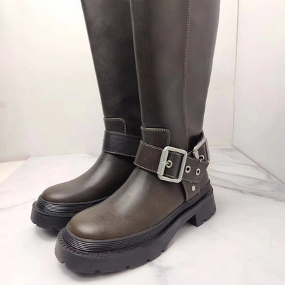 Women's Brown Retro Height Increasing Buckle Decoration High Knight Platform Boots