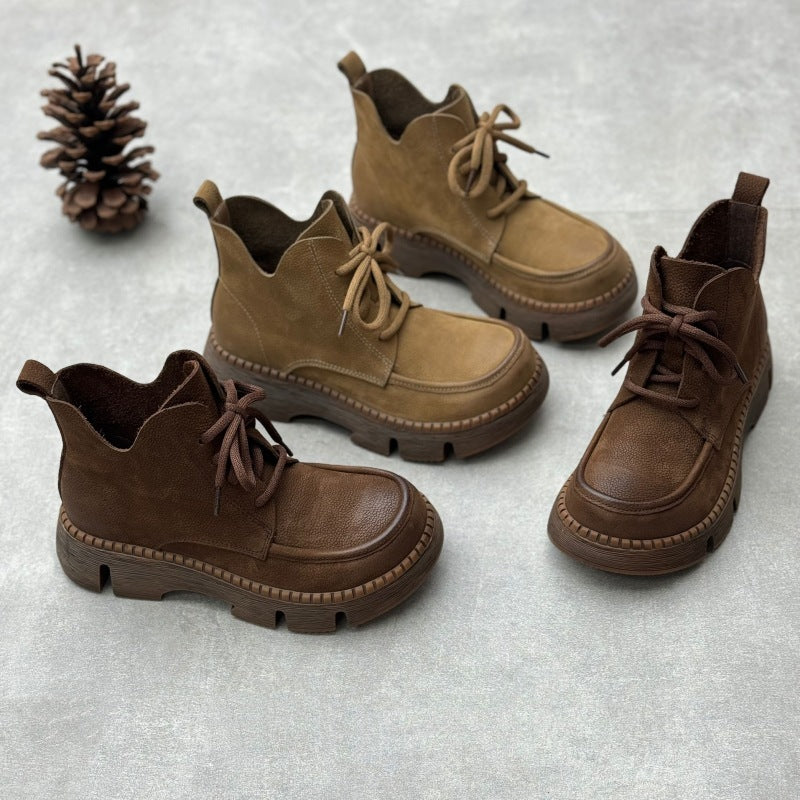 Platform Round Toe Lace-up Casual Cowhide Women's Boots