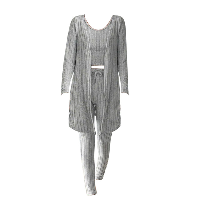 New Design Sense Round Neck Sunken Stripe Casual Solid Color Women's Three-piece Suit