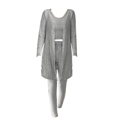 New Design Sense Round Neck Sunken Stripe Casual Solid Color Women's Three-piece Suit