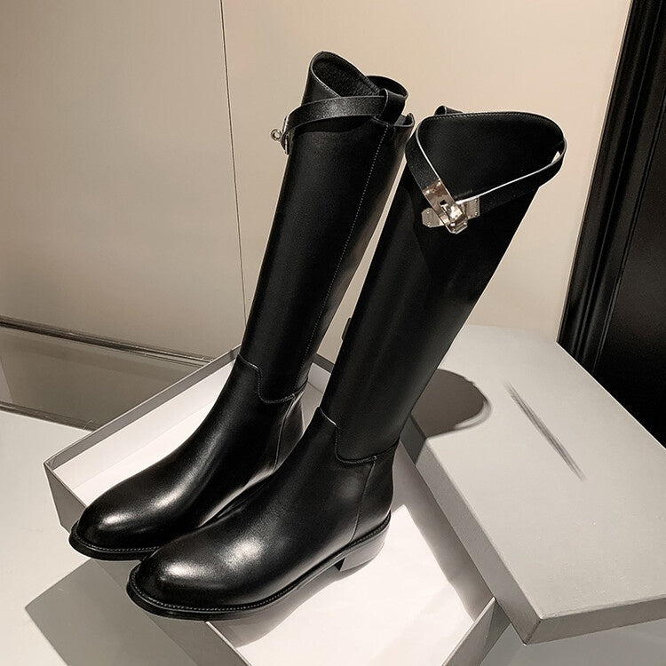 First Layer Cowhide Lock Knight Boots Big Tube Circumference Genuine Leather Below The Knee High Boots