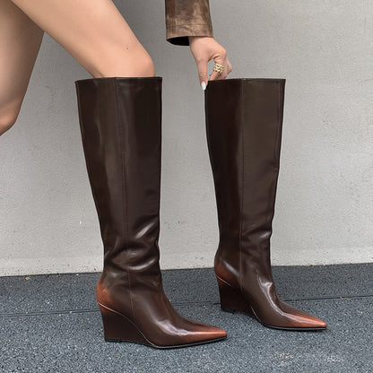 Temperament Pointed Cowhide Wedge Large Boots