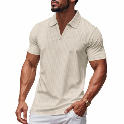 Summer Men's Loose Leisure Sports V-neck Waffle Short Sleeve Lapel Polo Shirt Men