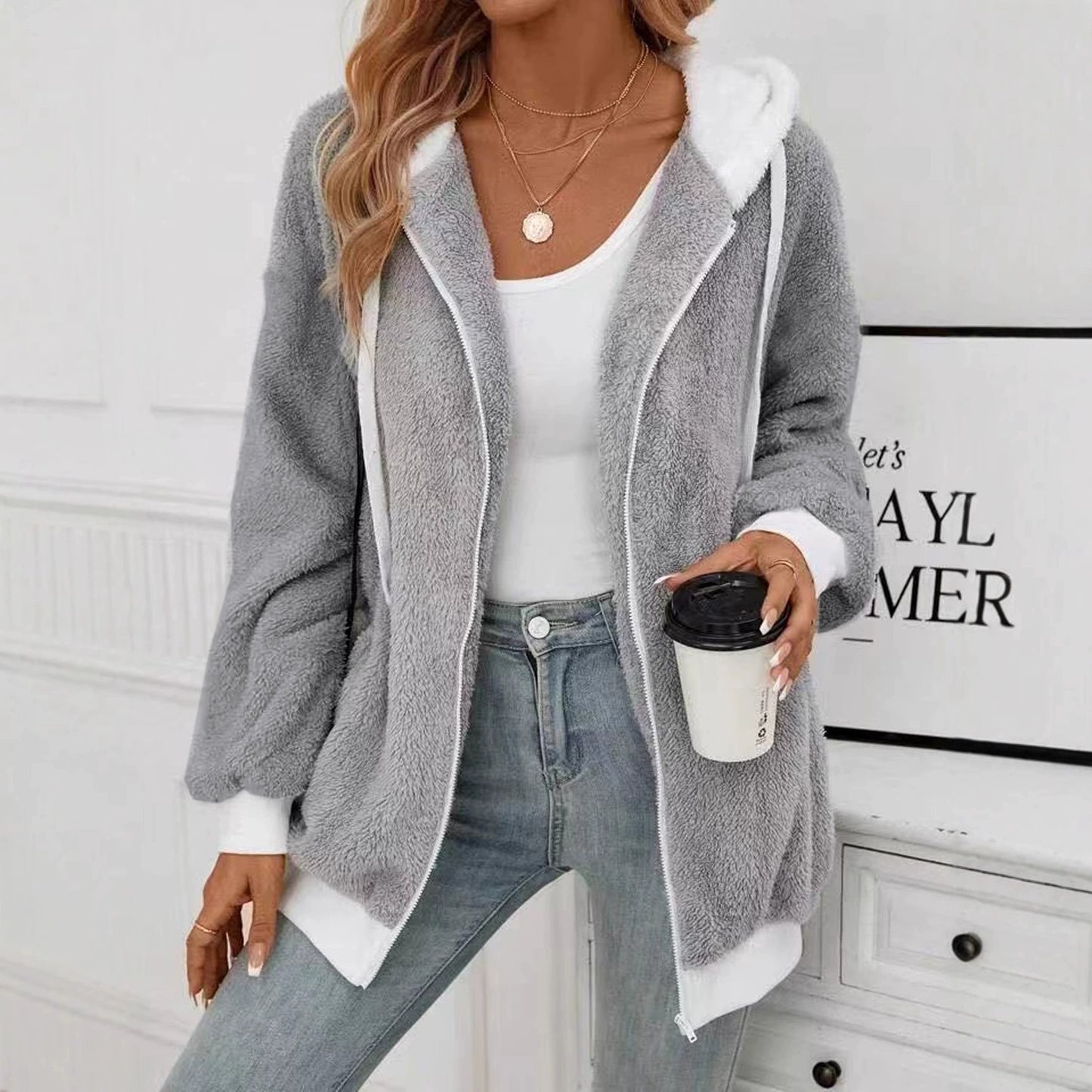 Women's Casual Multicolor Double-sided Plush Zipper Plush Coat