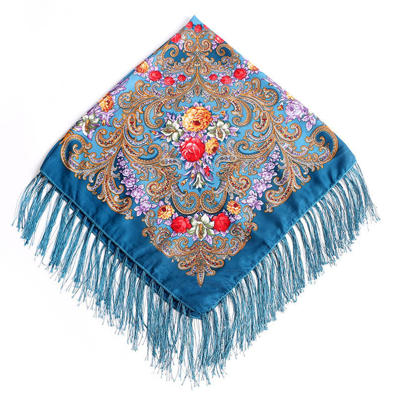 Women's Fringed Cotton And Linen Printed Square Scarf
