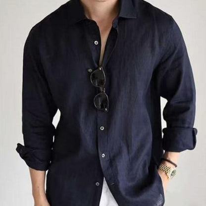 Cotton Linen Blended Yarn-dyed Long-sleeved Casual Business Style Solid Color Shirt