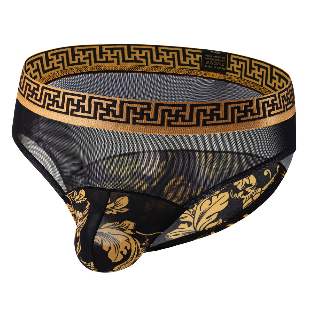 Men's Sexy Mid Waist Briefs Nylon Mesh Floral Print Stitching