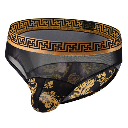 Men's Sexy Mid Waist Briefs Nylon Mesh Floral Print Stitching