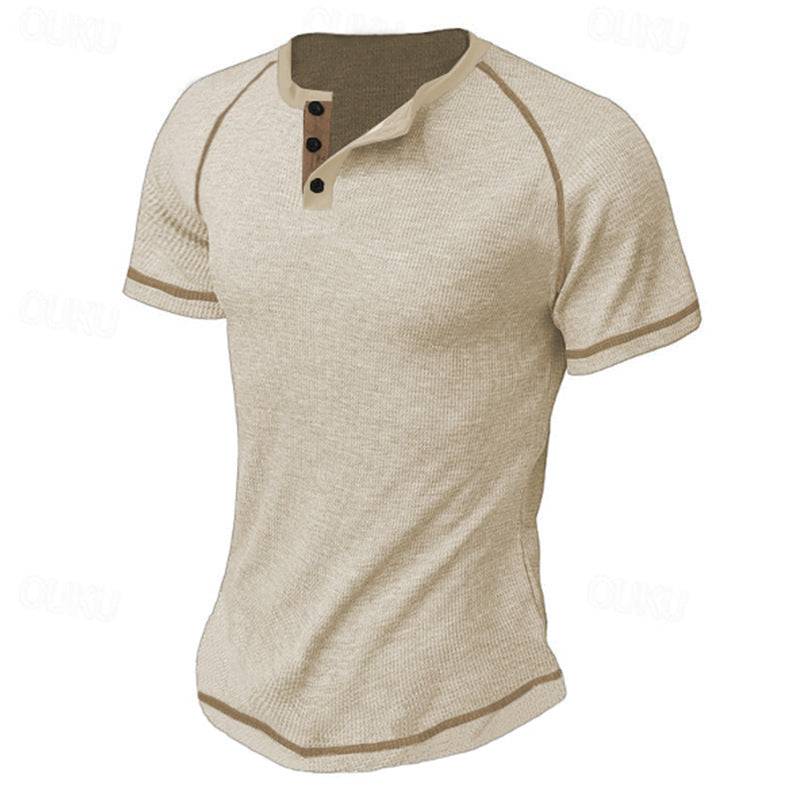Round Neck Men's Heavy Waffle Casual Henry Short Sleeve