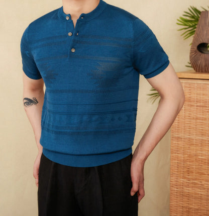 Knitted Henley Shirt American Retro Slim-fit Short Sleeve
