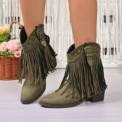 Retro Pointed Plus Size Bootie Ladies Tassel Western Cowboy Boot