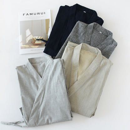 Men's Nightgown Woven Cotton Mid-length Home Bathrobe