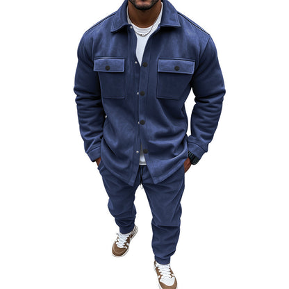 Men's Suede Solid Color Single-breasted Tooling Cardigan Two-piece Set