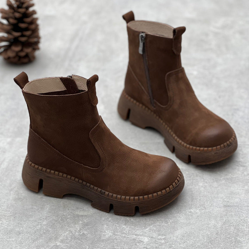 Round Toe All-matching Muffin Bottom Women's Authentic Leather Boots