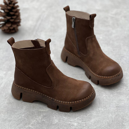 Round Toe All-matching Muffin Bottom Women's Authentic Leather Boots