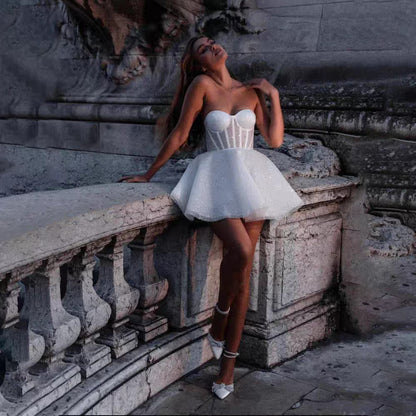 Sleeveless Sexy Tube Top Shiny Short Wedding Dress A- Line Skirt