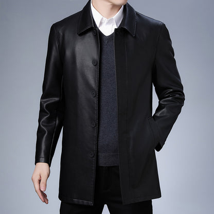 Lapel Leather Coat Men's Fleece Padded Leather Jacket