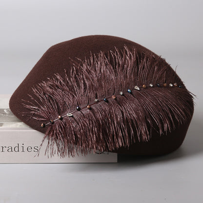 Autumn And Winter Retro Style Feather Decorative Wool Beret
