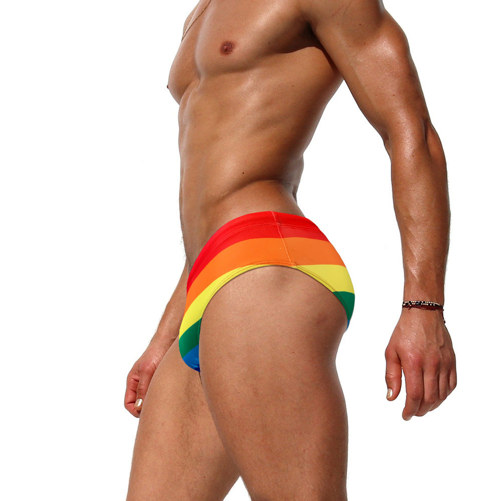 Rainbow Striped Swimming Trunks Men's Fashion Sexy Stretch Briefs