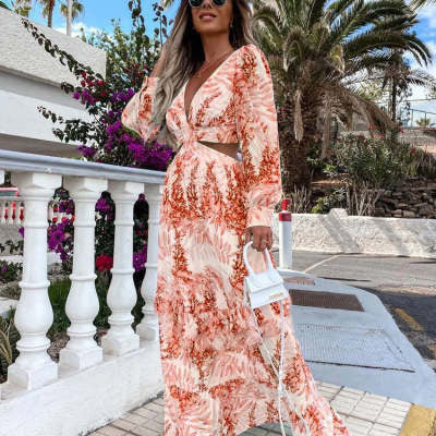 Elegant Women's Hollow Floor V-neck Long-sleeved Plant Dress Long Dresses Spring Summer Print V-neck Long Sleeve Dress
