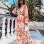 Elegant Women's Hollow Floor V-neck Long-sleeved Plant Dress Long Dresses Spring Summer Print V-neck Long Sleeve Dress