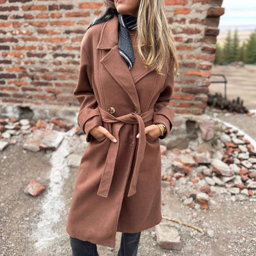 Autumn And Winter Lacing Cardigan Casual Long Sleeve Lapel Woolen Pocket Coat Women