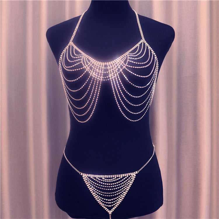 Fashion Multi-layer Tassel Rhinestone Underwear Body Suit Chain Nightclub Stage Costume Accessories