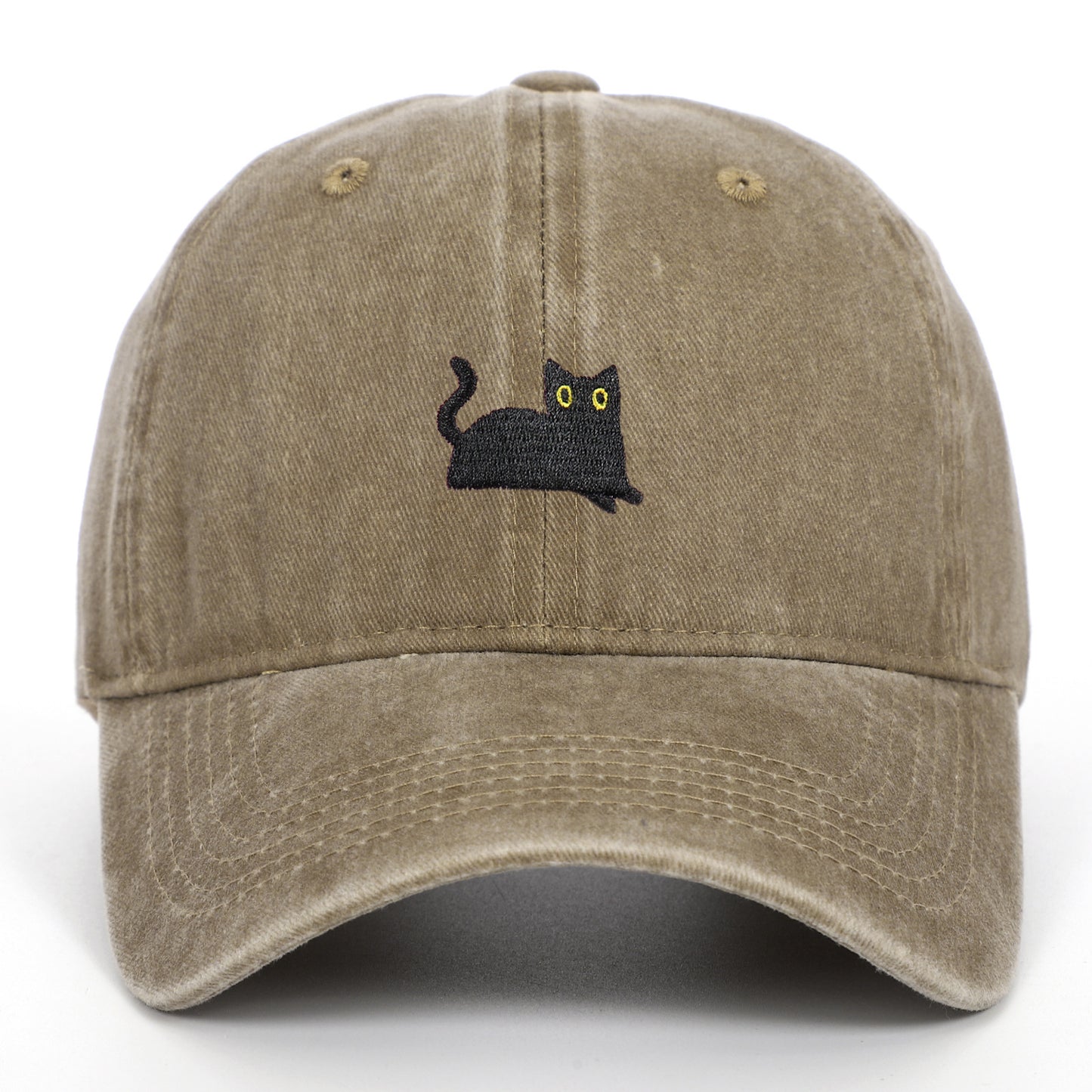 Black Cat Embroidered Washed Baseball Cap Sun Hat