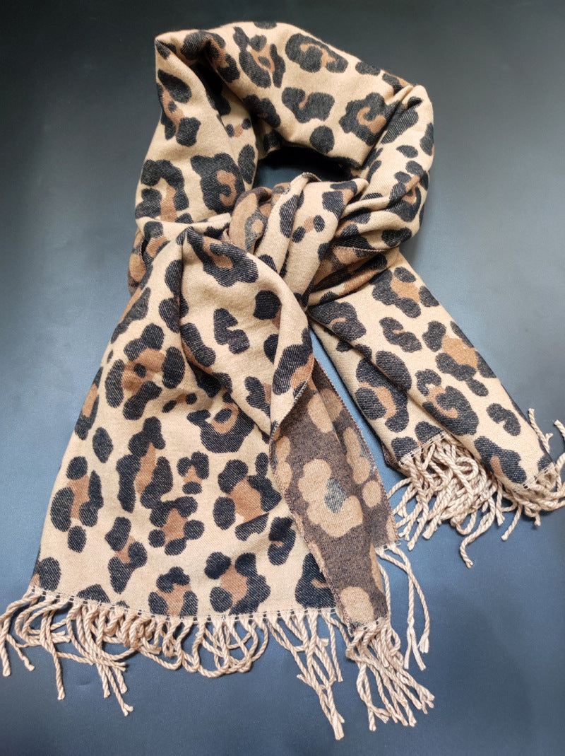 Double-sided Leopard Print Scarf With Thick Tassels  Cashmere To Keep Warm