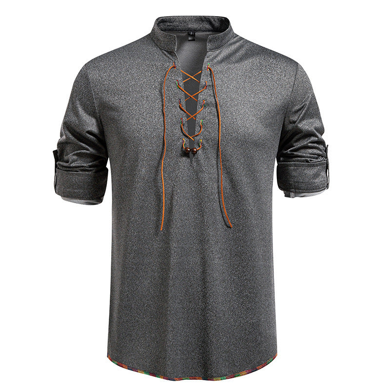 Drawstring Design Men's Stand-up Collar Long Sleeve T-shirt