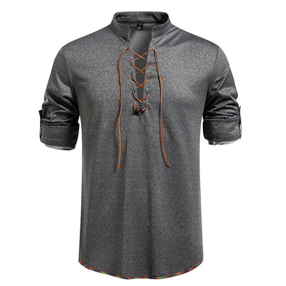 Drawstring Design Men's Stand-up Collar Long Sleeve T-shirt