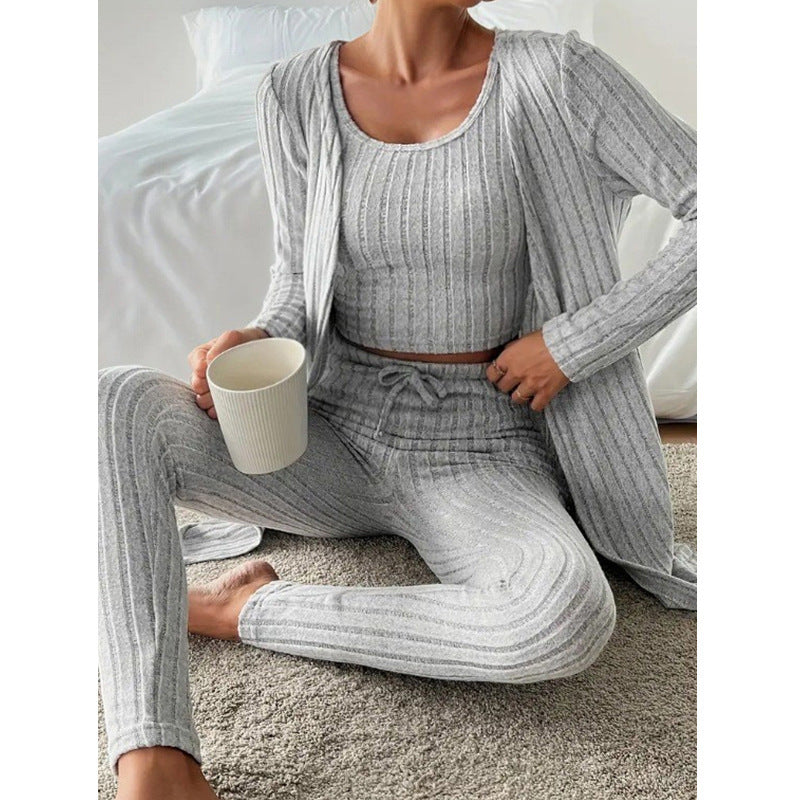 New Design Sense Round Neck Sunken Stripe Casual Solid Color Women's Three-piece Suit