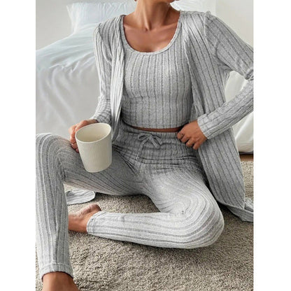 New Design Sense Round Neck Sunken Stripe Casual Solid Color Women's Three-piece Suit