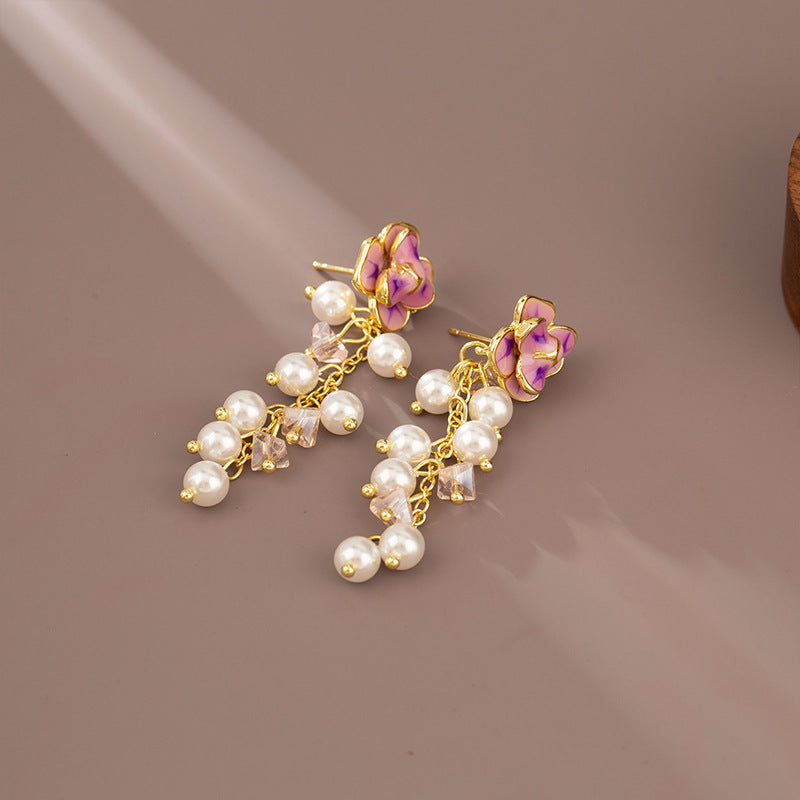 Romantic Gentle French Pearl Tassel Flowers Earrings