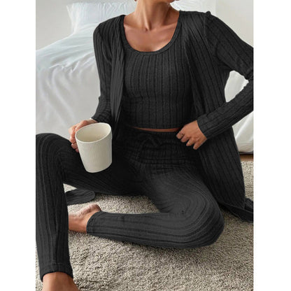 New Design Sense Round Neck Sunken Stripe Casual Solid Color Women's Three-piece Suit