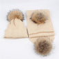 Outdoor warm raccoon fur ball wool hat scarf set